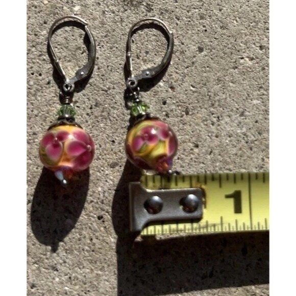 Vintage Sterling Silver Dangle Floral Beaded Pink Multicolor Flower Earrings - Picture 8 of 10